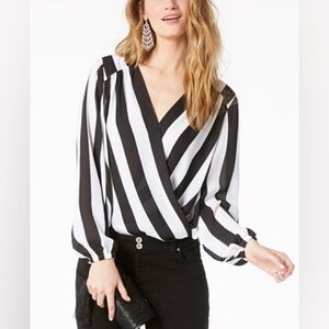 INC International Concepts Black White Striped Surplice Wrap Top Large NWOT